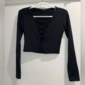 Solemio Black Long Sleeve Crop Blouse with Cut Out v neck